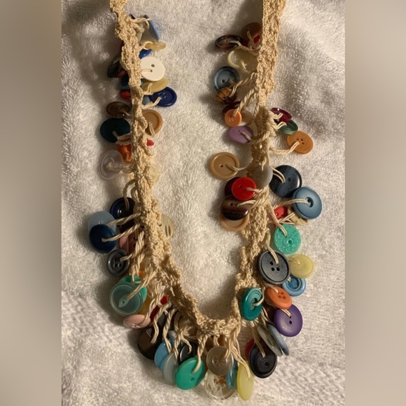 #J900 - VTG Crochet & Multi-Color Button Cha-Cha Granny Core Chic Necklace, 26” - Picture 2 of 4